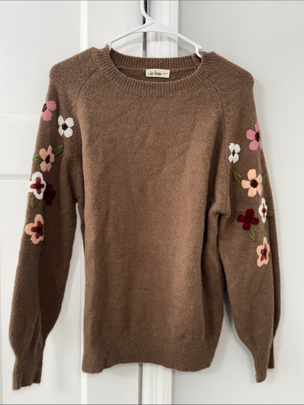 Cozy Brown Floral-Appliqué Crewneck Sweater